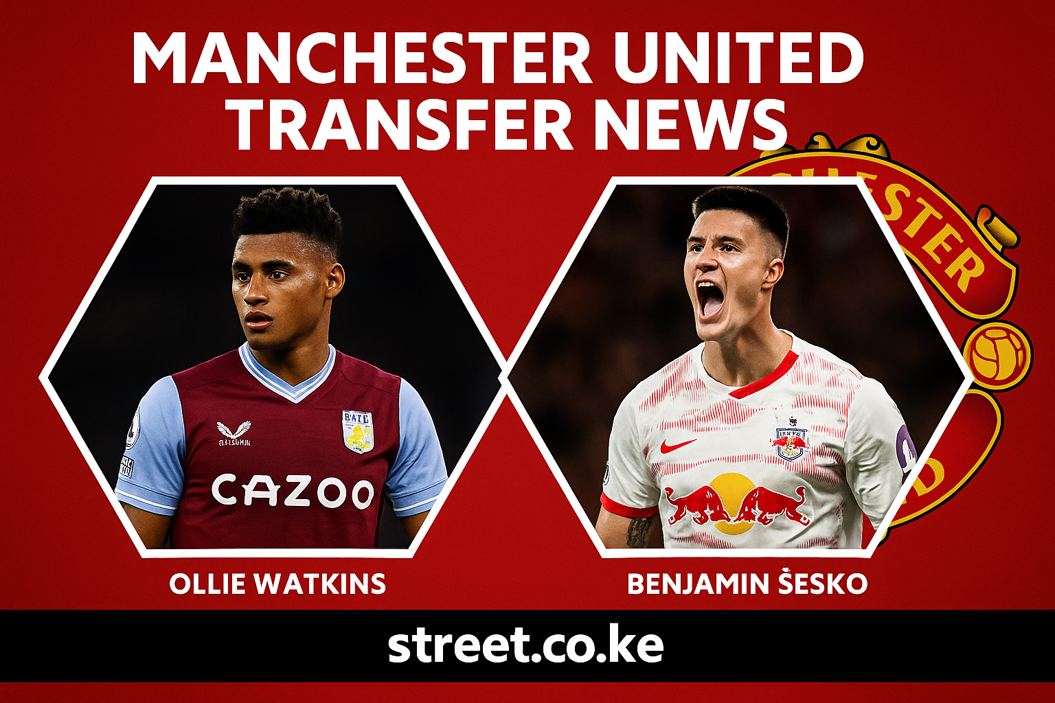 Ollie Watkins and Benjamin Sesko on the banner about Manchester United Transfer News